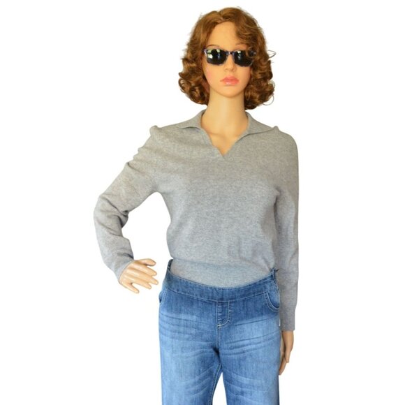 Lord & Taylor 2 Ply Cashmere Gray V-Neck Collared Sweater Womens Size S Preppy - Picture 1 of 9